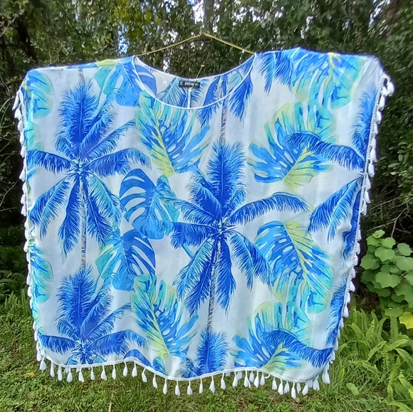 SHEIN Tropical Beach Cover-Up or Blouse Blue Palm Trees and Tassels - Picture 5 of 10